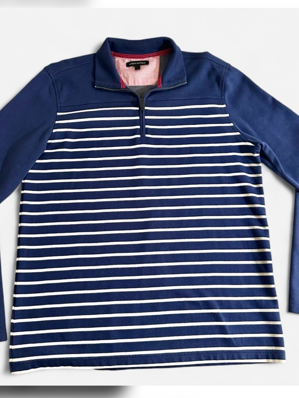 Banana Republic Striped 1/4 Zip Pullover Navy White Rugby Sweater L Preppy